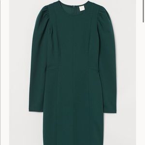 H&M puff sleeved dark green fitted dress - NWT